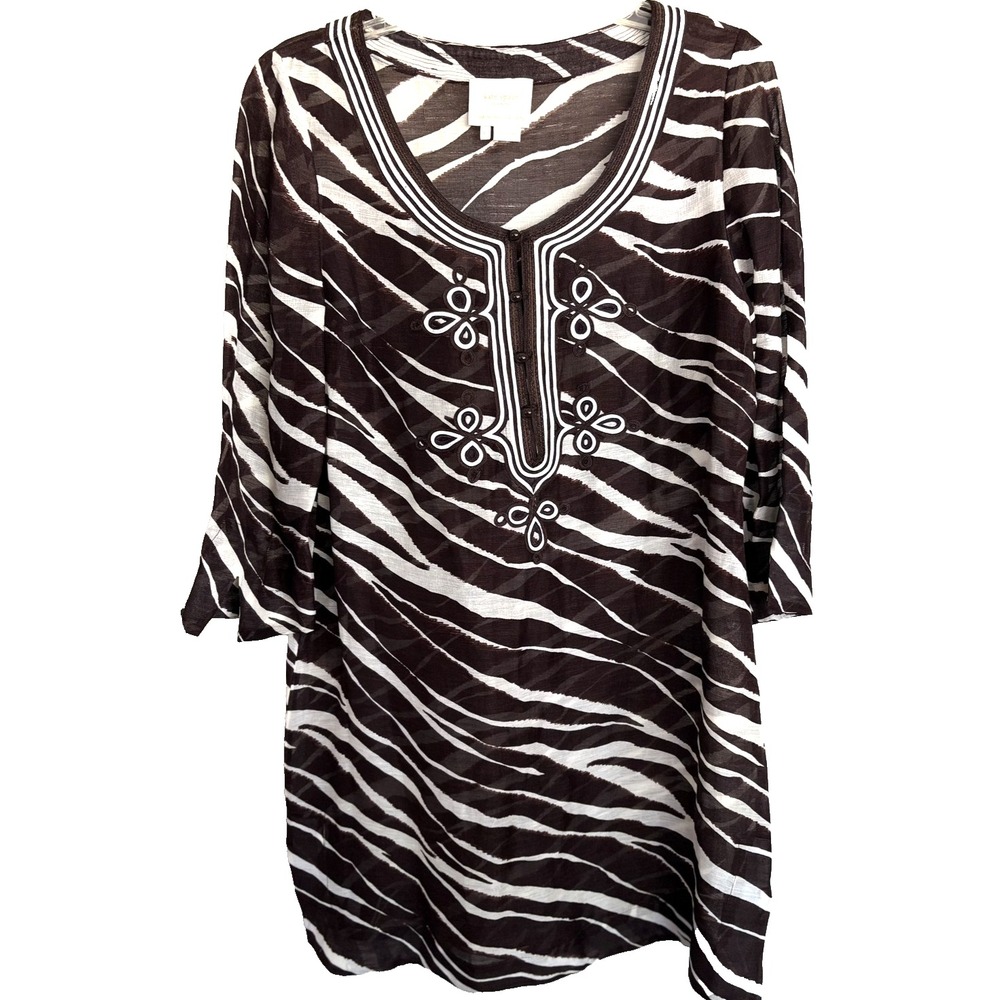 Kate Spade Dress Womens Large Brown White Zebra Print Silk Linen Tunic Boho